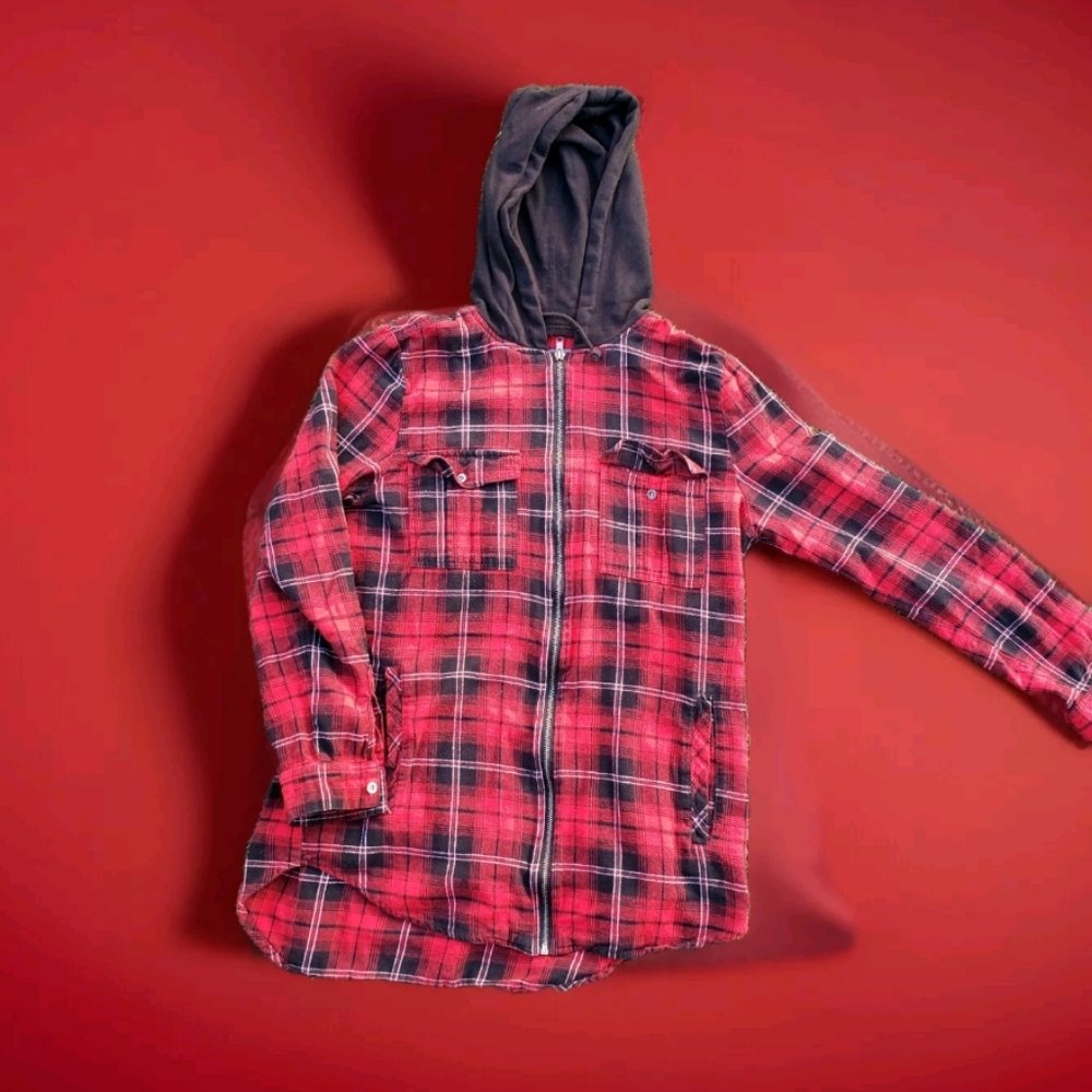 Red and Black Plaid Hooded Jacket